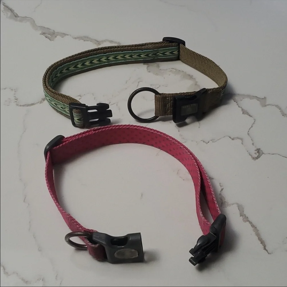 Two Medium to Large Dog Collars - Pink and Green